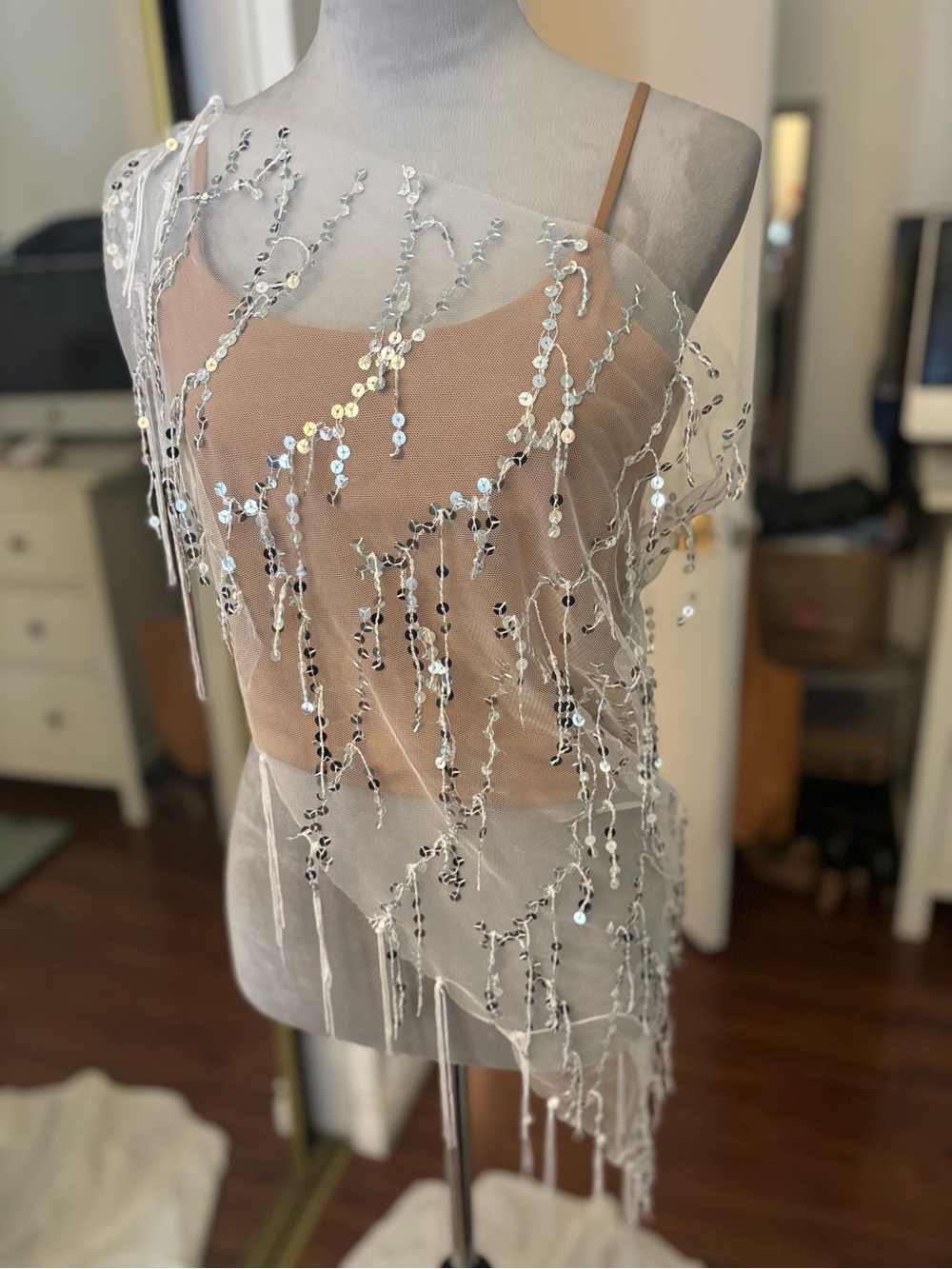 Sheer Sequin Fringe Wrap/poncho - FREE SIZE